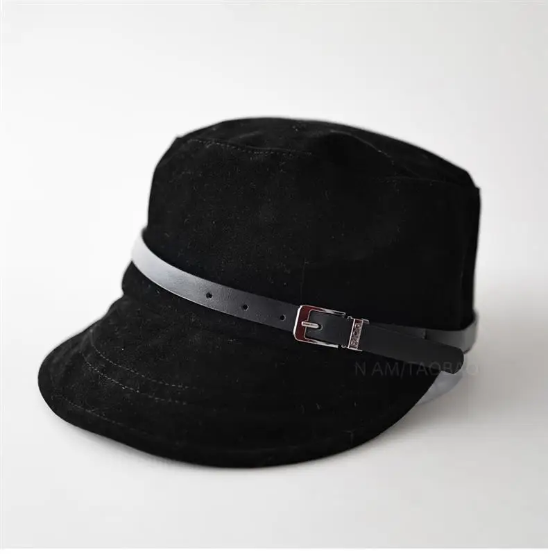 Black Suede Peaked Cap for Women with Buckle — feature 2