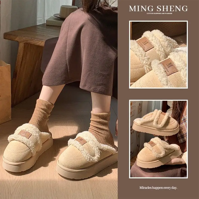 Velcro Cotton Slippers for Women Winter 2025 New Style Bag Heel Home Indoor Non-Slip Thick Sole Warm Plush Cotton Shoes