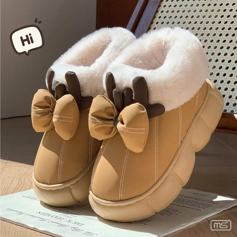 2025 New Warm and Comfortable Home and Outdoor Wear Thick-Soled Plush Antler Cotton Shoes