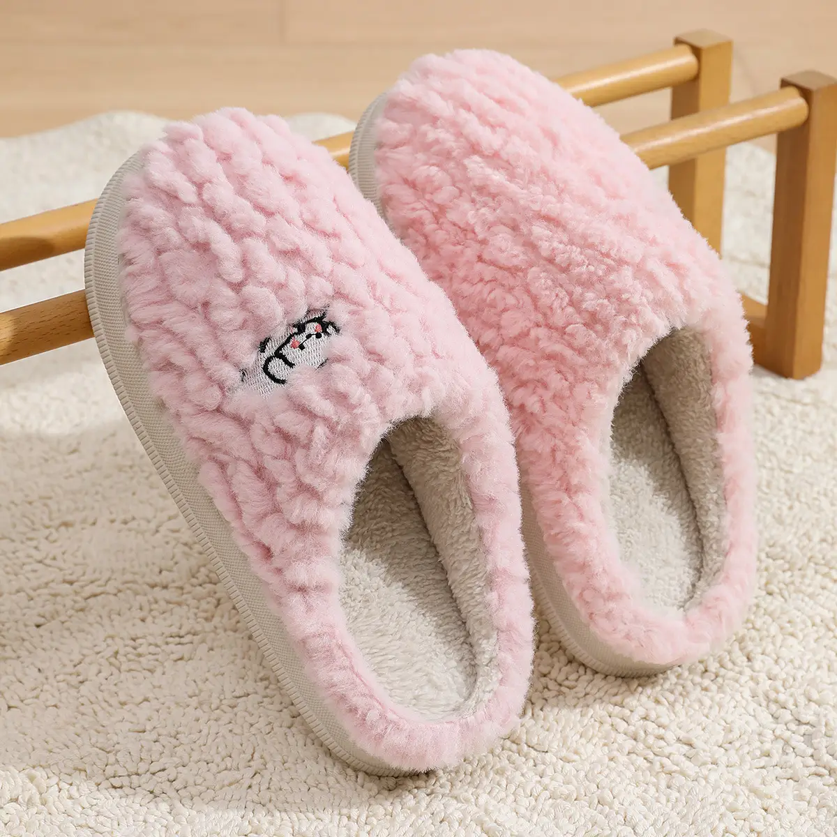 Women Winter Furry Slippers Pink Cotton New Home