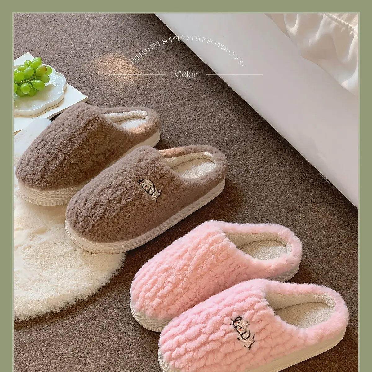 Women Winter Furry Slippers Pink Cotton New Home — feature 17