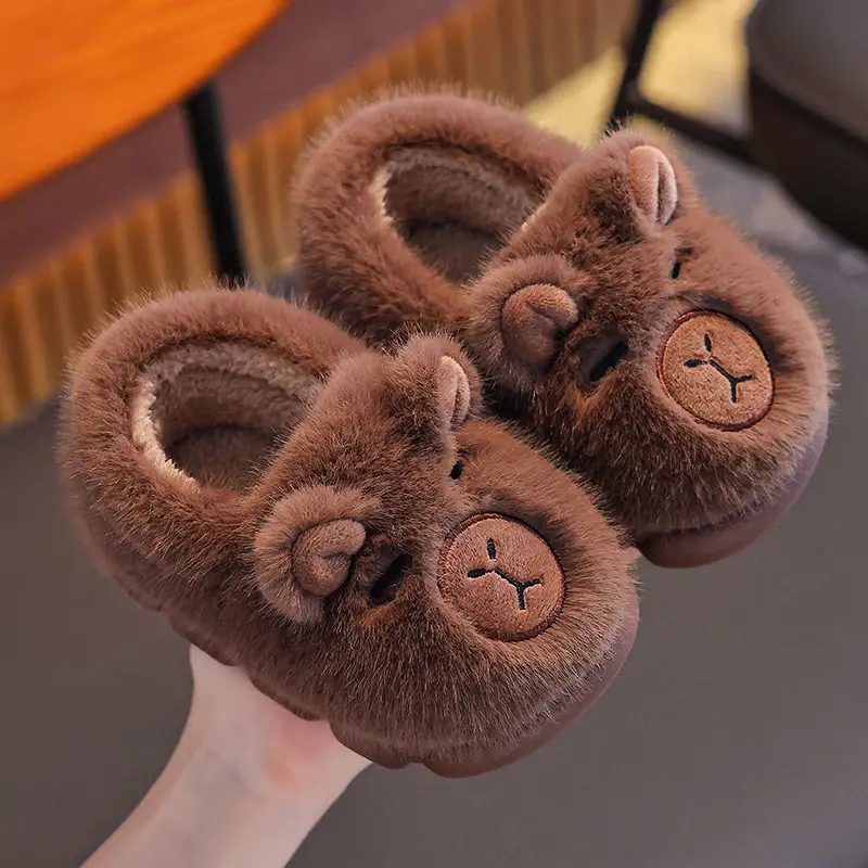 2025 Winter Kids Fleece Lined Slippers Brown - Image 4
