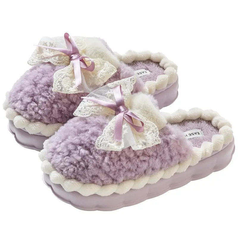 Bow-Knot Cotton Slippers for Women, Winter Warm Non-Slip Indoor Home New Style Thick-Soled Furry Slippers for Winter