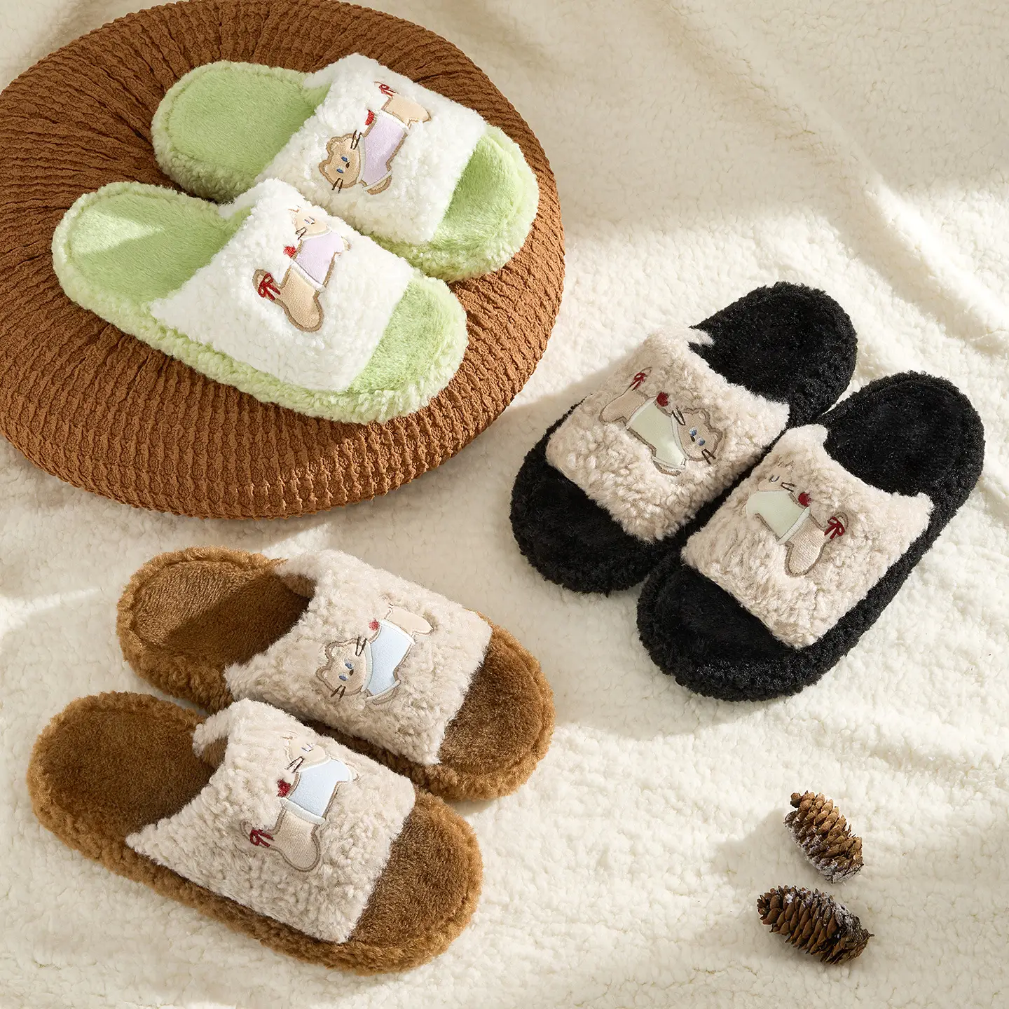 Furry Plush Slippers Women Green Winter Indoor