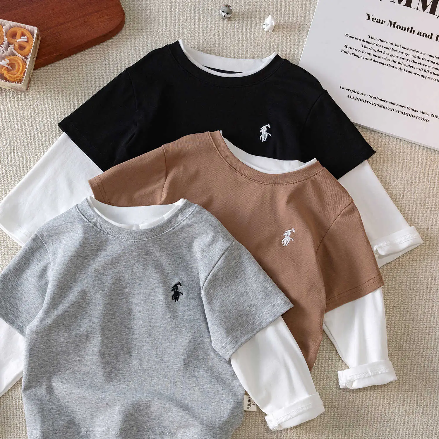 Children's Long Sleeve T-Shirt Brown White Cotton Baby Toddler