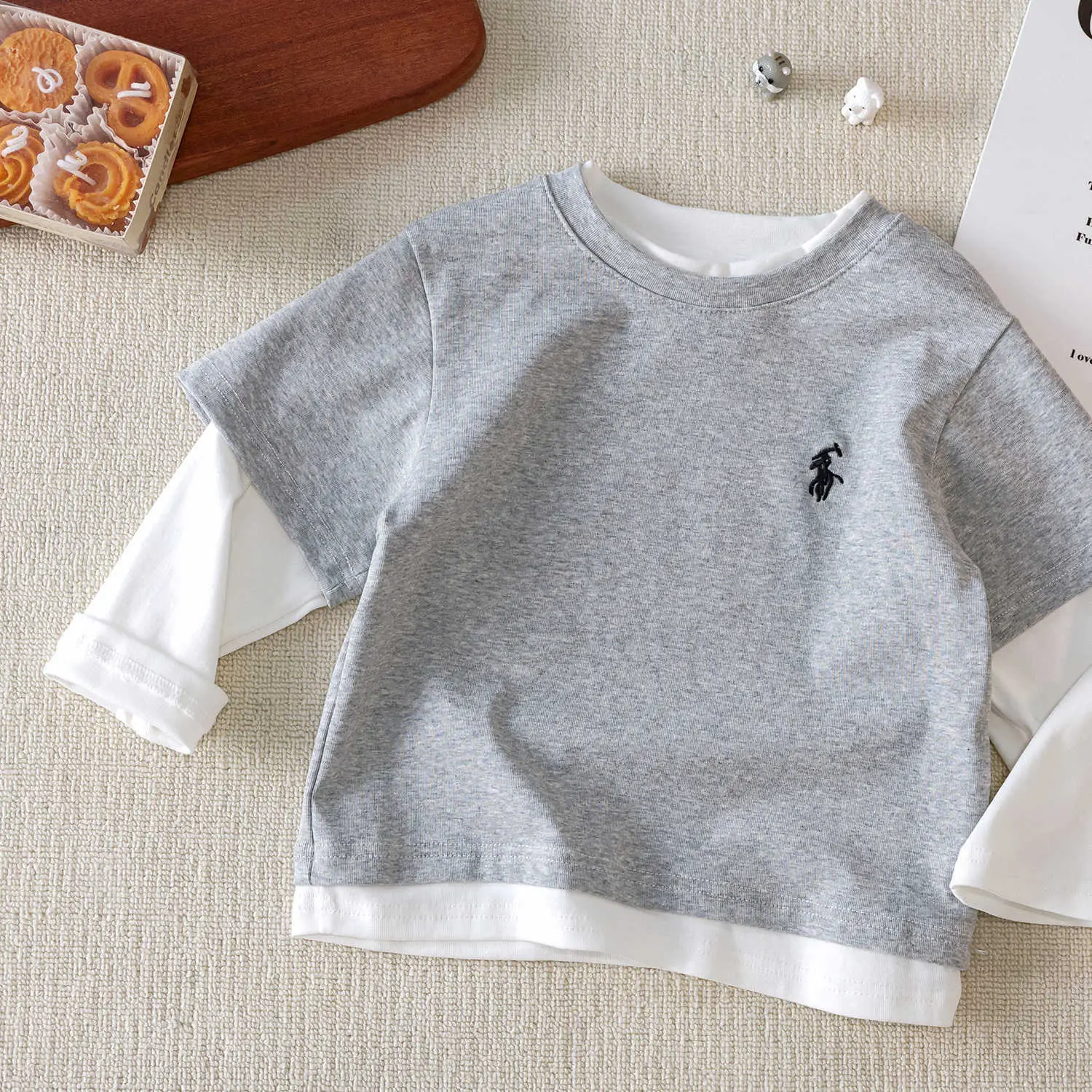 Children's Long Sleeve T-Shirt Brown White Cotton Baby Toddler