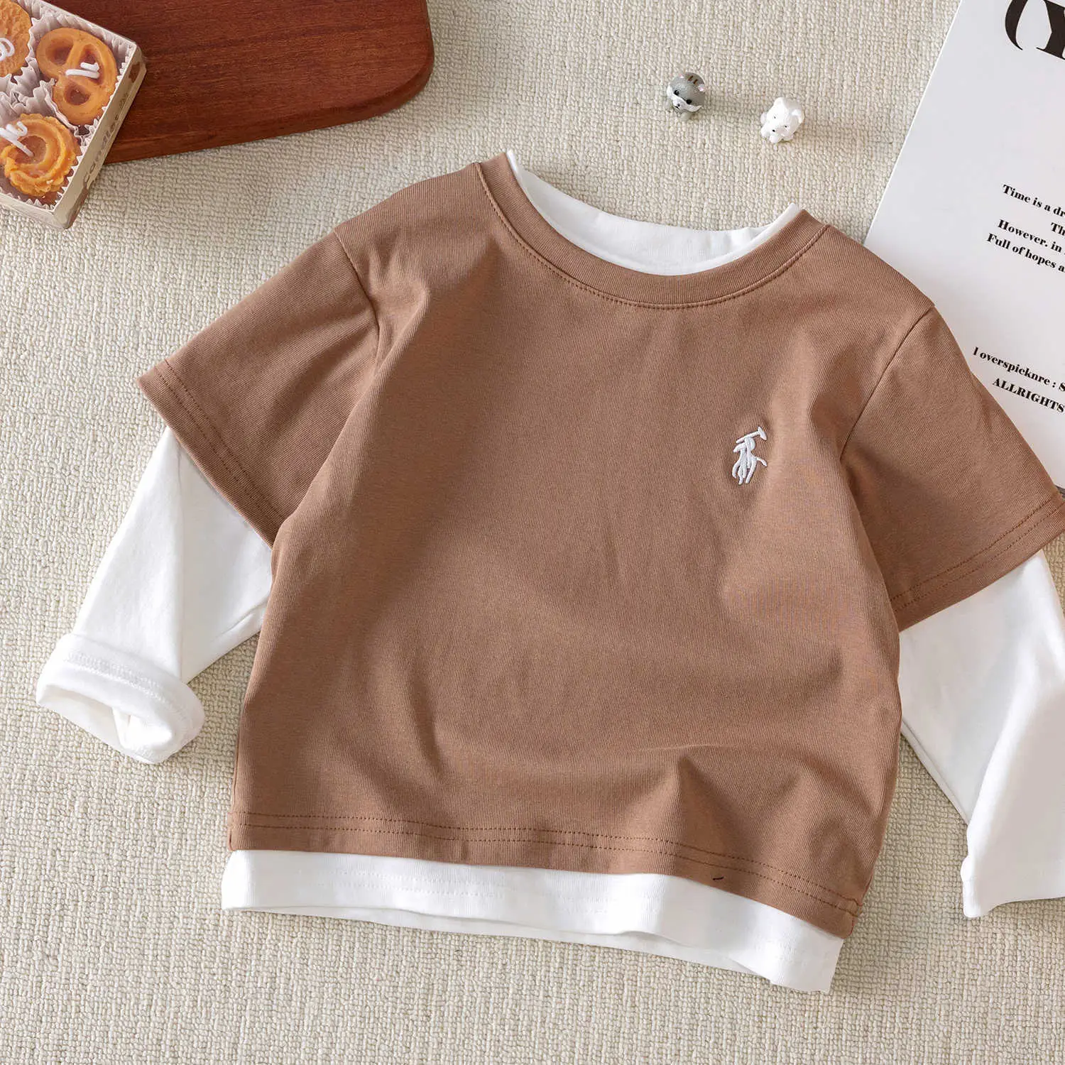 Children's Long Sleeve T-Shirt Brown White Cotton Baby Toddler — feature 4