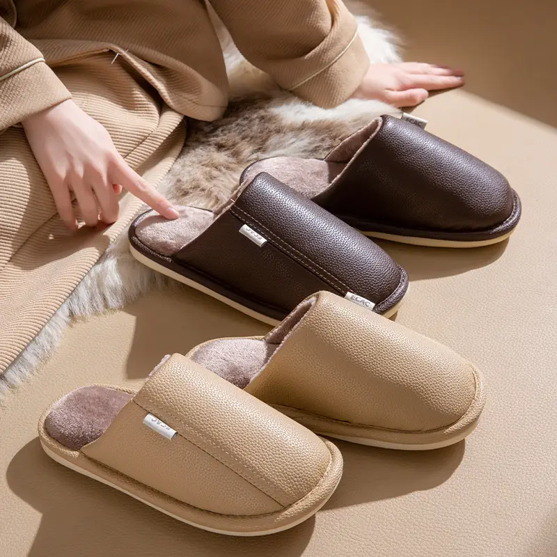 Autumn and Winter Pu Leather Slippers Leather Waterproof Anti-Slip Couple Home Warm Cotton Slippers Men and Women Home Shoes Floor Mops - Image 7