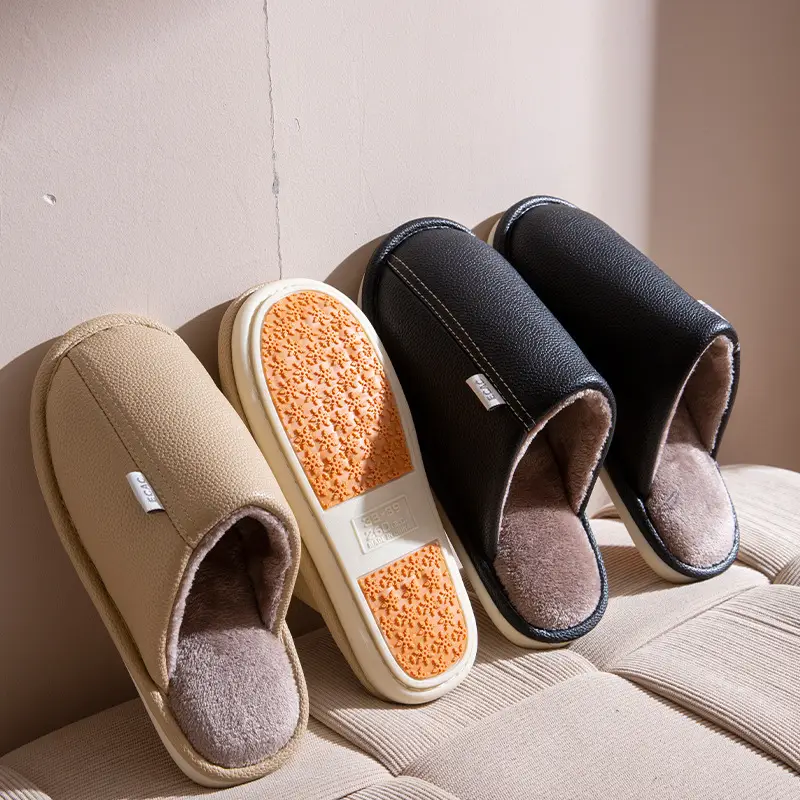 Autumn and Winter Pu Leather Slippers Leather Waterproof Anti-Slip Couple Home Warm Cotton Slippers Men and Women Home Shoes Floor Mops - Image 8