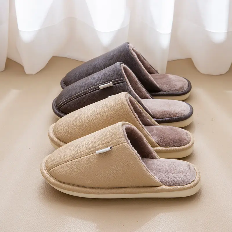Autumn and Winter Pu Leather Slippers Leather Waterproof Anti-Slip Couple Home Warm Cotton Slippers Men and Women Home Shoes Floor Mops - Image 9