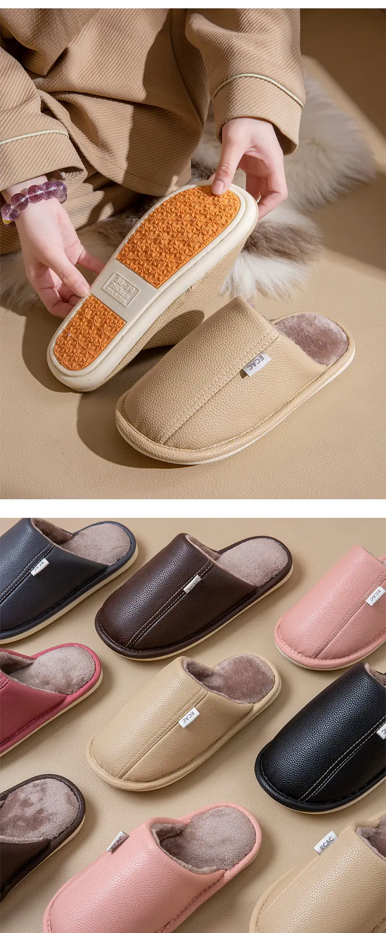Autumn and Winter Pu Leather Slippers Leather Waterproof Anti-Slip Couple Home Warm Cotton Slippers Men and Women Home Shoes Floor Mops — feature 10