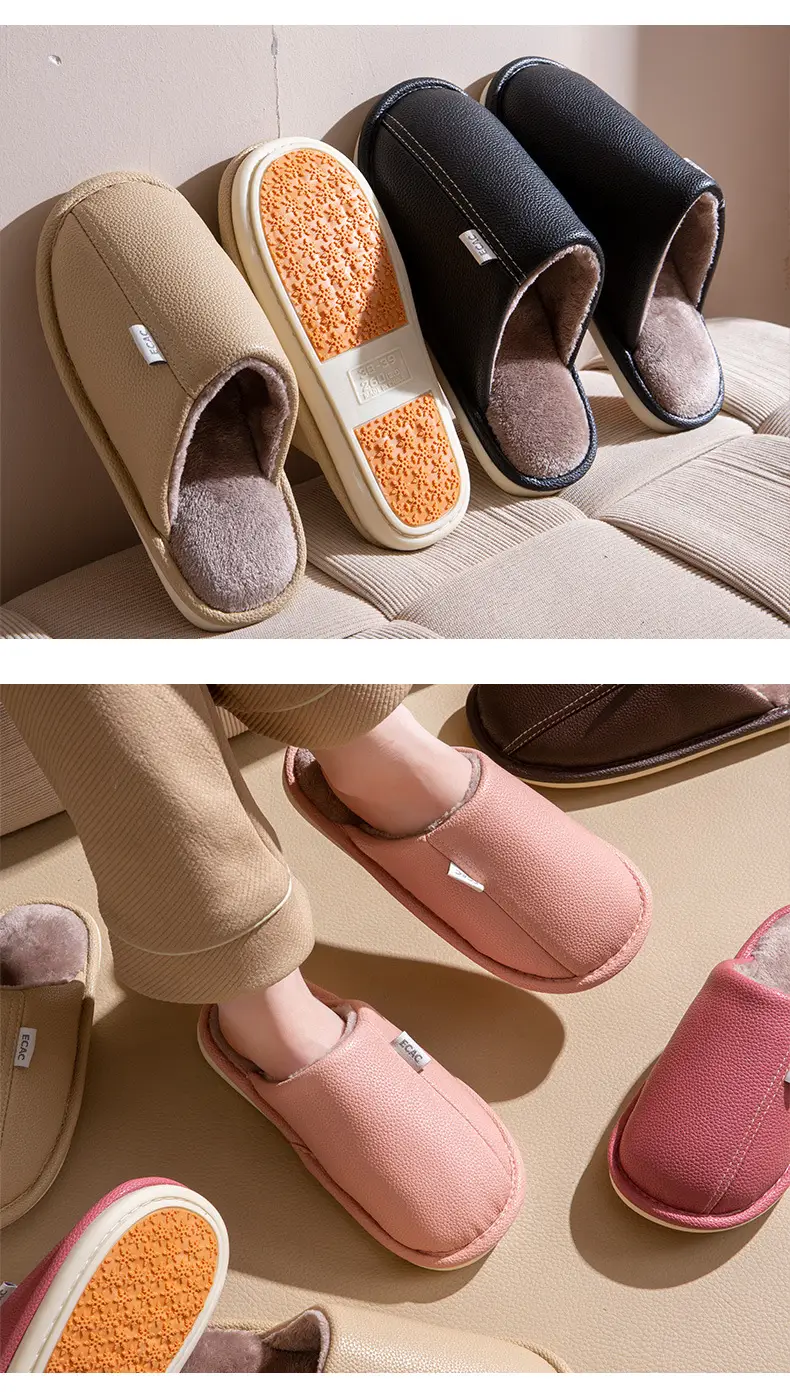 Autumn and Winter Pu Leather Slippers Leather Waterproof Anti-Slip Couple Home Warm Cotton Slippers Men and Women Home Shoes Floor Mops — feature 8