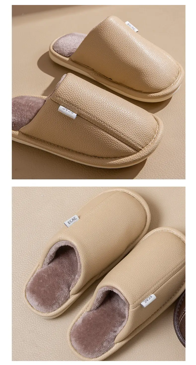 Autumn and Winter Pu Leather Slippers Leather Waterproof Anti-Slip Couple Home Warm Cotton Slippers Men and Women Home Shoes Floor Mops — feature 9
