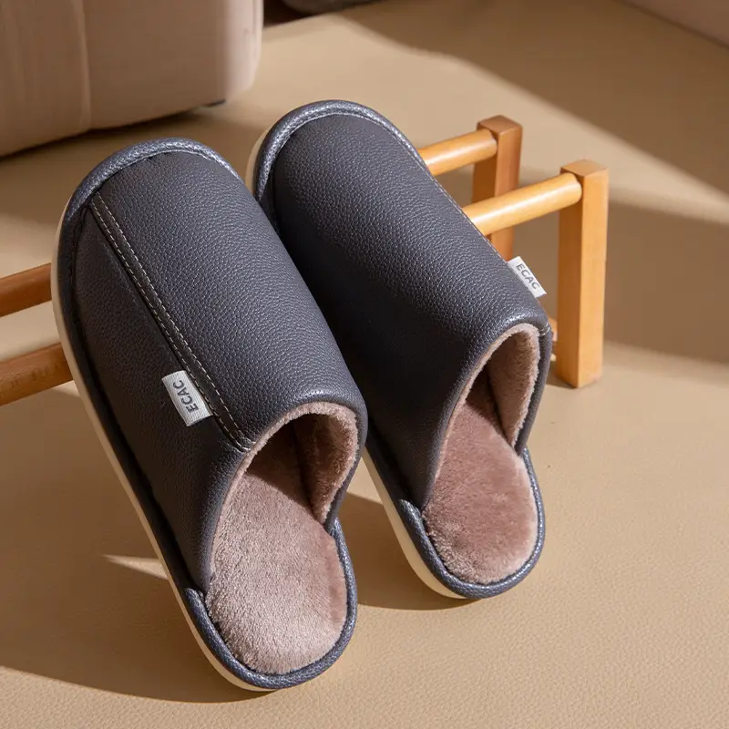 Autumn and Winter Pu Leather Slippers Leather Waterproof Anti-Slip Couple Home Warm Cotton Slippers Men and Women Home Shoes Floor Mops - Image 2
