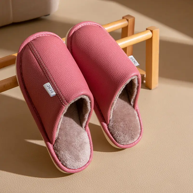 Autumn and Winter Pu Leather Slippers Leather Waterproof Anti-Slip Couple Home Warm Cotton Slippers Men and Women Home Shoes Floor Mops - Image 3