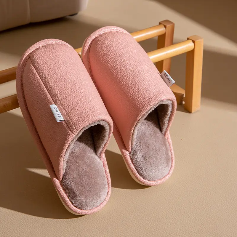 Autumn and Winter Pu Leather Slippers Leather Waterproof Anti-Slip Couple Home Warm Cotton Slippers Men and Women Home Shoes Floor Mops - Image 4