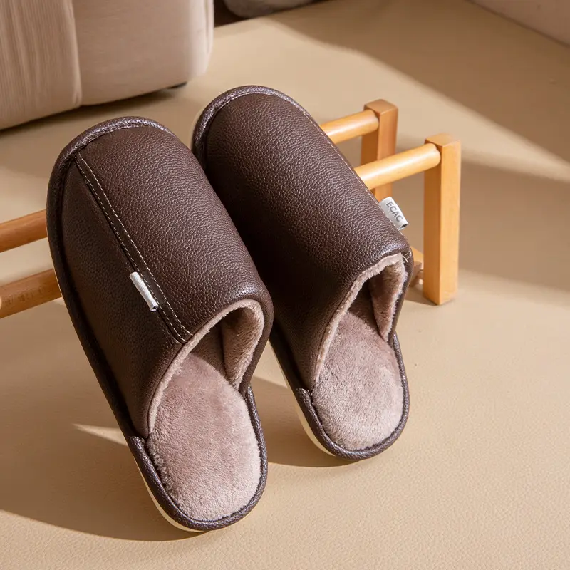 Autumn and Winter Pu Leather Slippers Leather Waterproof Anti-Slip Couple Home Warm Cotton Slippers Men and Women Home Shoes Floor Mops - Image 5