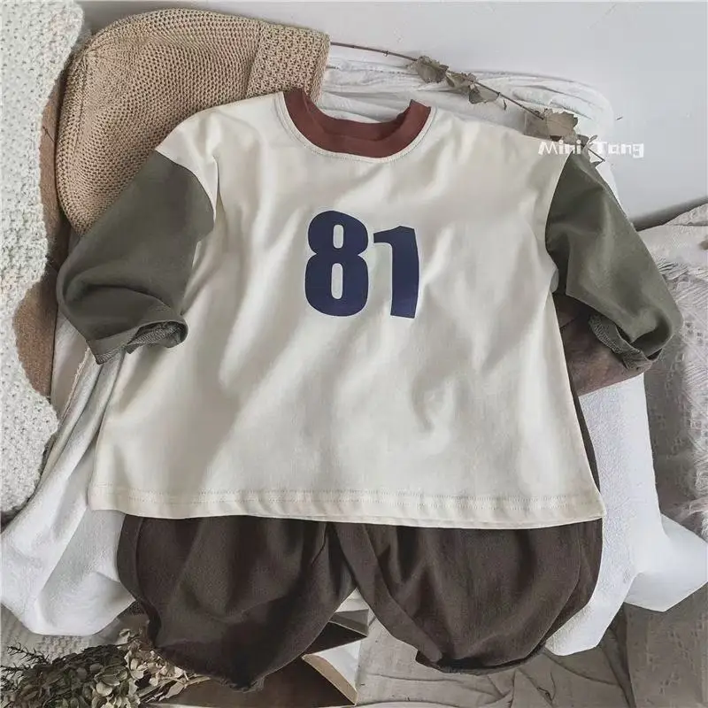 Pure Cotton Boys Color Block T-Shirt 2025 Spring Autumn Loose Long Sleeve Versatile Base Shirt Top Trendy T-Shirt - Image 4
