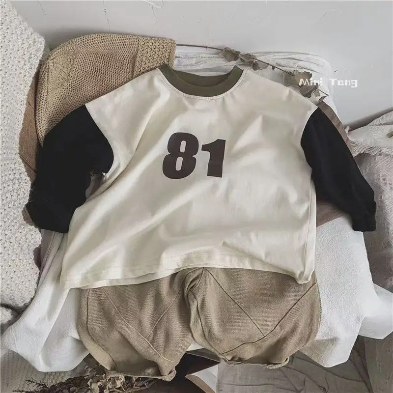 Pure Cotton Boys Color Block T-Shirt 2025 Spring Autumn Loose Long Sleeve Versatile Base Shirt Top Trendy T-Shirt - Image 6
