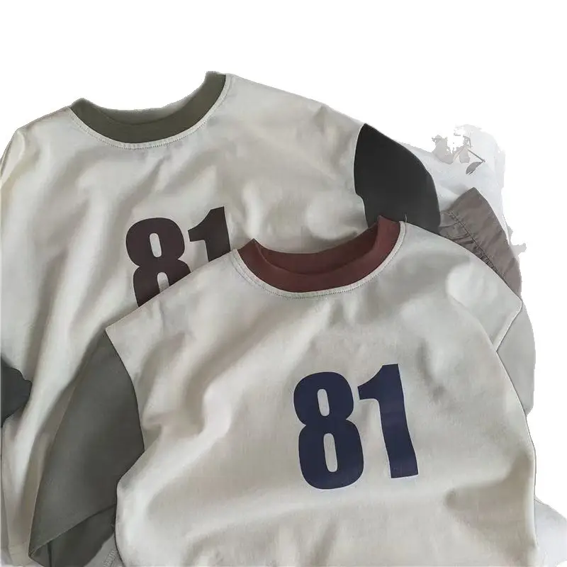 Pure Cotton Boys Color Block T-Shirt 2025 Spring Autumn Loose Long Sleeve Versatile Base Shirt Top Trendy T-Shirt - Image 7