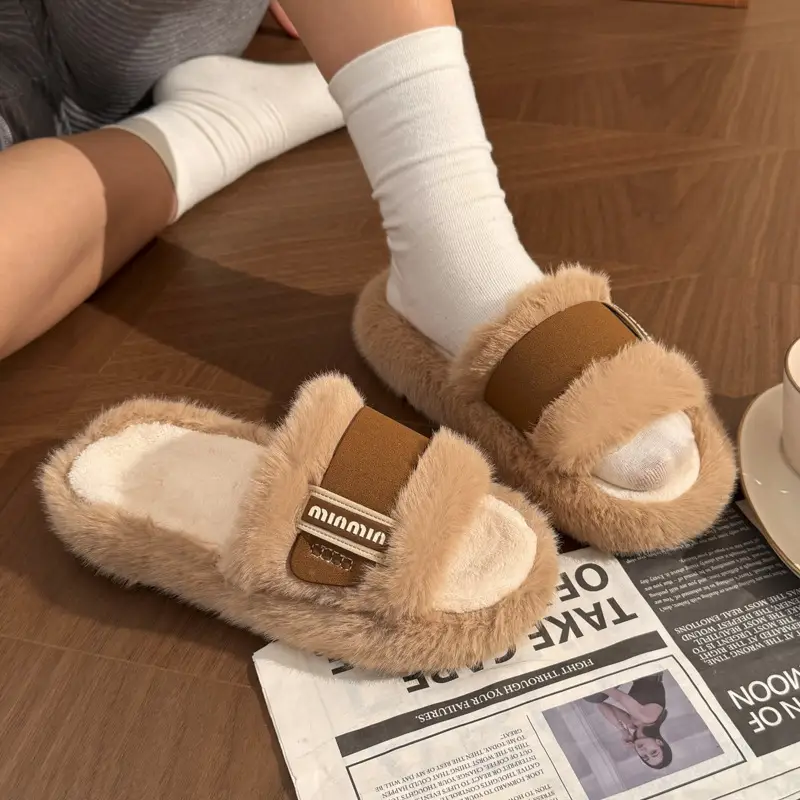 Mingsheng 2025 New Autumn and Winter Thick Plush Open-Toe Slippers Foreign Trade Fashion Lazy Open-Toe Flat Cotton Slippers - Image 5