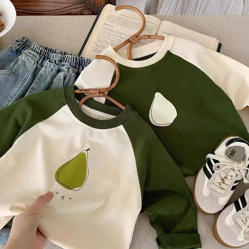 Boys Cotton Long Sleeve T-Shirt Green Cream Faux Fur Pockets - Image 5
