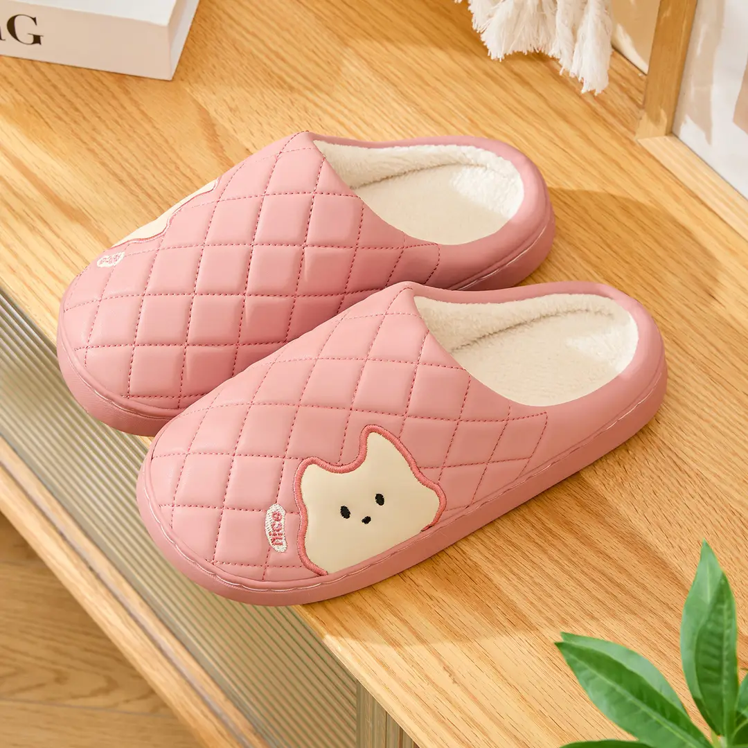 Cartoon Leather Cotton Slippers Waterproof and Non-Slip Home Slippers Autumn and Winter Fleece-Lined Warm Soft Bottom Cotton Slippers Indoor Confinement Shoes