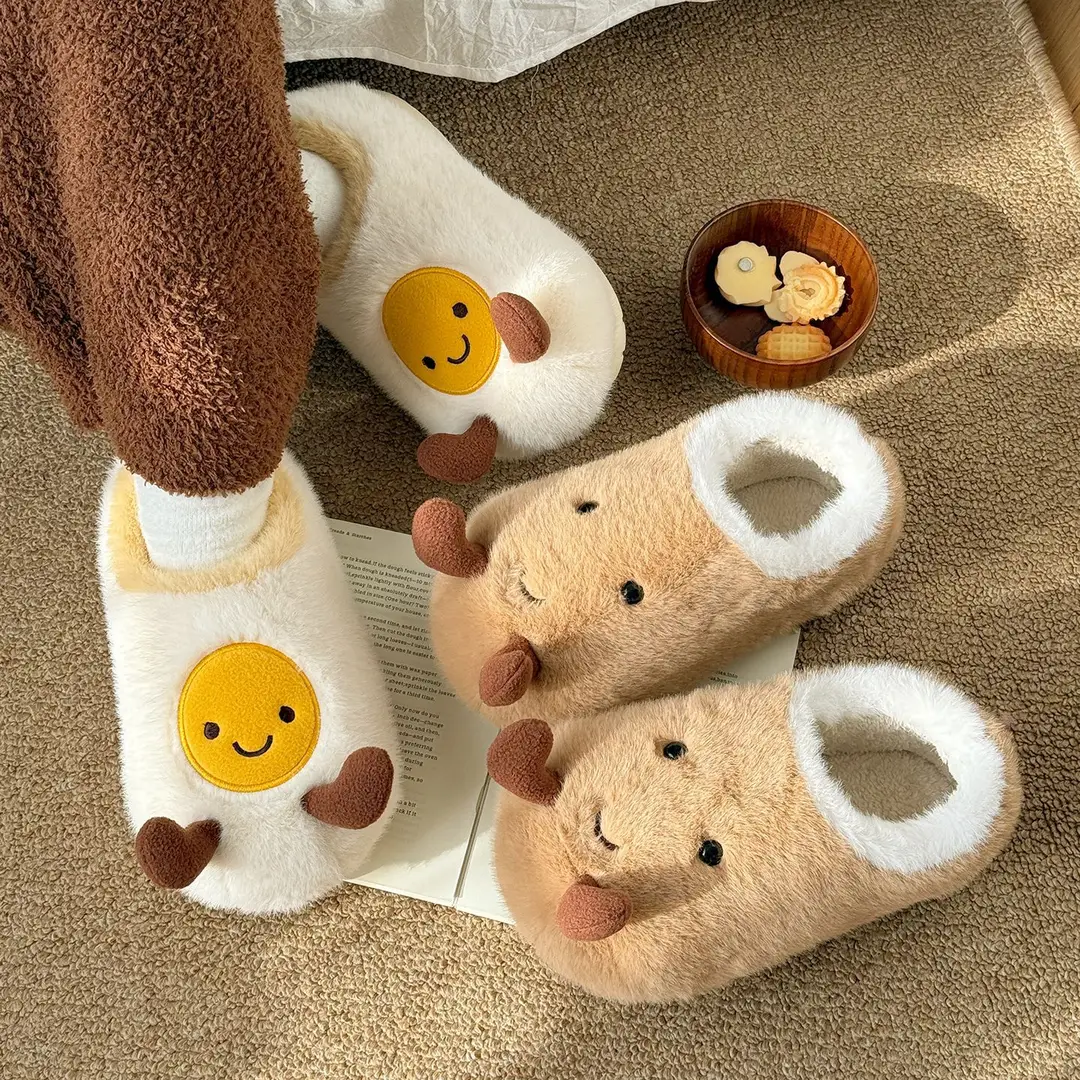 Nanbowan Cute Fried Egg Cotton Slippers Women's Winter Home Indoor Velvet Warm Thick-Soled Anti-Slip Furry Slippers - Image 4
