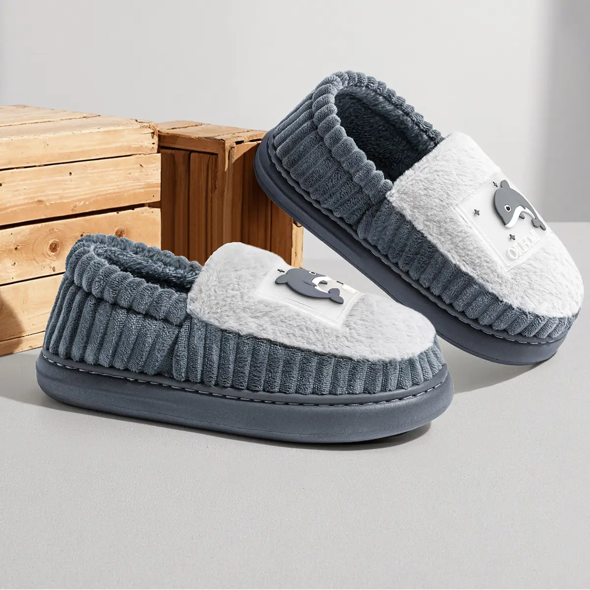 Men's Warm Plush Slippers Winter Indoor Thickened Heel Cover — feature 2