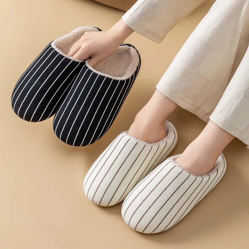 Warm Cotton Striped Slippers for Women Men Winter Indoor Comfort - Image 9