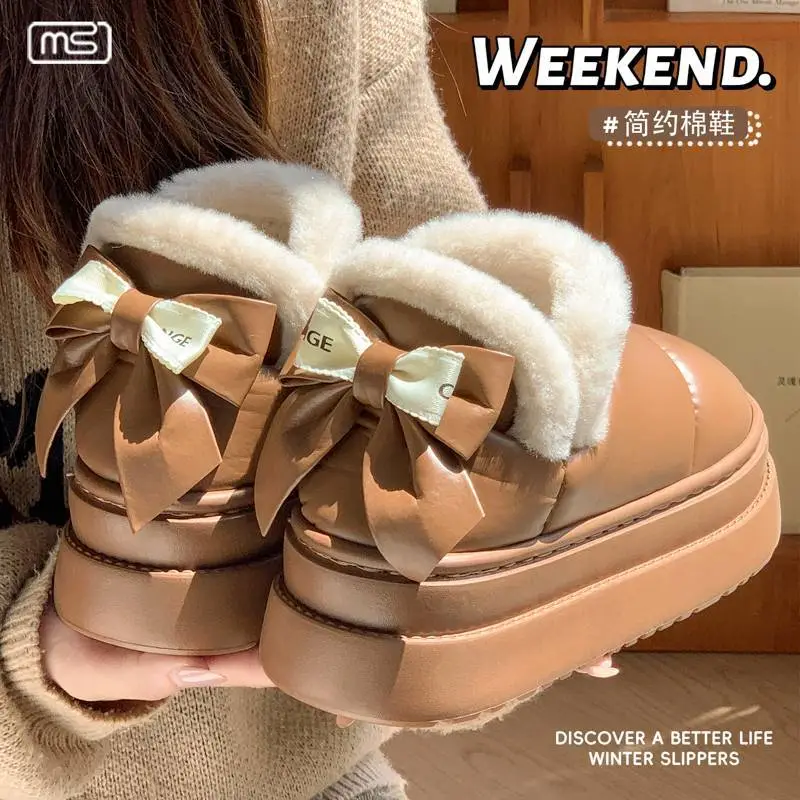 2025 New Winter Velvet Cotton Slippers for Women, New Cotton Shoes, Bow Snow Boots, Eva Thick Sole Bag and Waterproof - Image 2