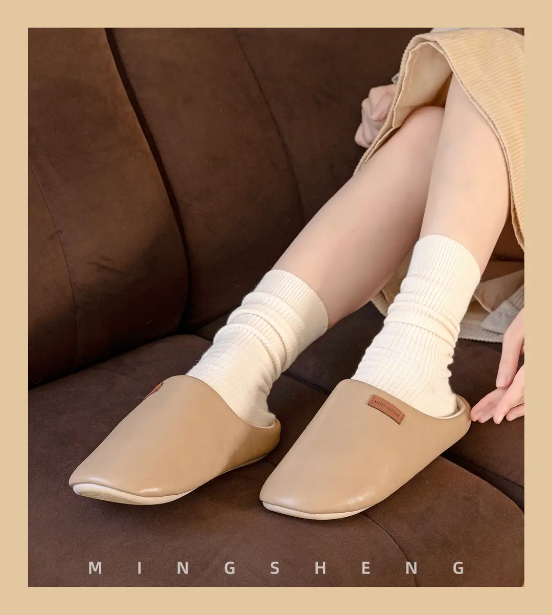 Mingsheng Home Pu Classy Cotton Slippers for Women Winter Indoor Silent Anti-Slip Couple Home Warm Autumn and Winter Men — feature 7