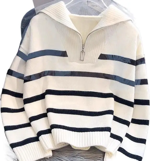 Women's Zippered Striped Hoodie Winter Warmth - Image 6