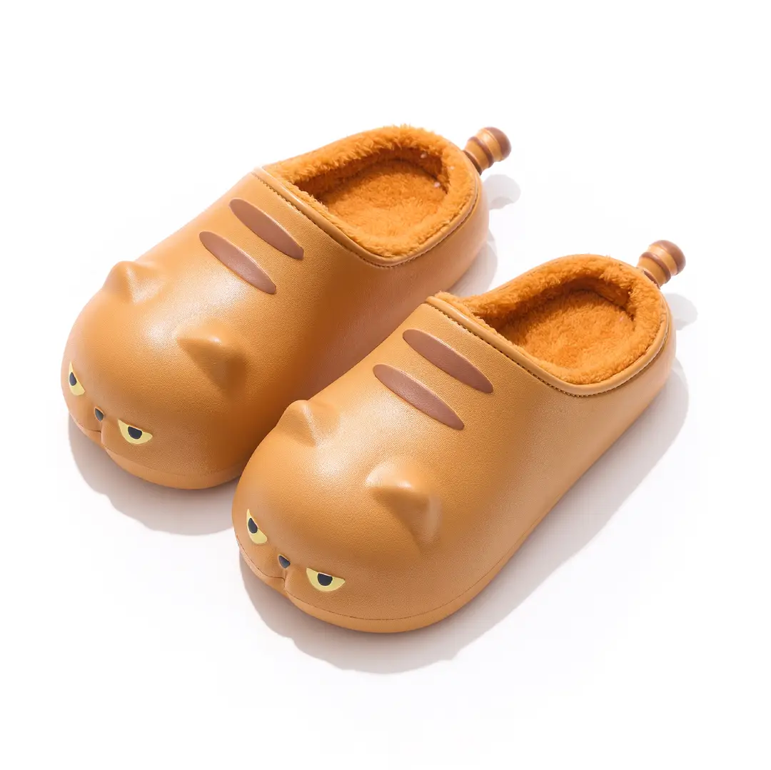 Cute Cotton Slippers for Women in Winter with Cartoon Coffee Cat Home Warm Waterproof Cotton Slippers for Outer Wear Non-Slip and Versatile
