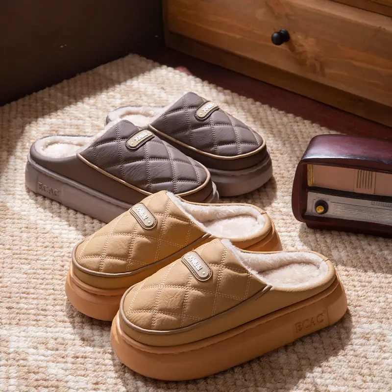 Pu Leather Waterproof Cotton Slippers for Women in Winter with Thick Soles Indoor Couple Slippers for Men Warm and Cold-Proof Cotton Shoes for Outer Wear - Image 8