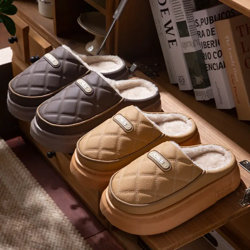 Pu Leather Waterproof Cotton Slippers for Women in Winter with Thick Soles Indoor Couple Slippers for Men Warm and Cold-Proof Cotton Shoes for Outer Wear - Image 9