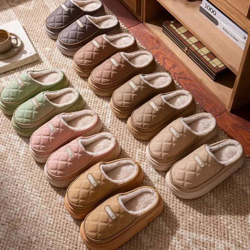 Pu Leather Waterproof Cotton Slippers for Women in Winter with Thick Soles Indoor Couple Slippers for Men Warm and Cold-Proof Cotton Shoes for Outer Wear - Image 10