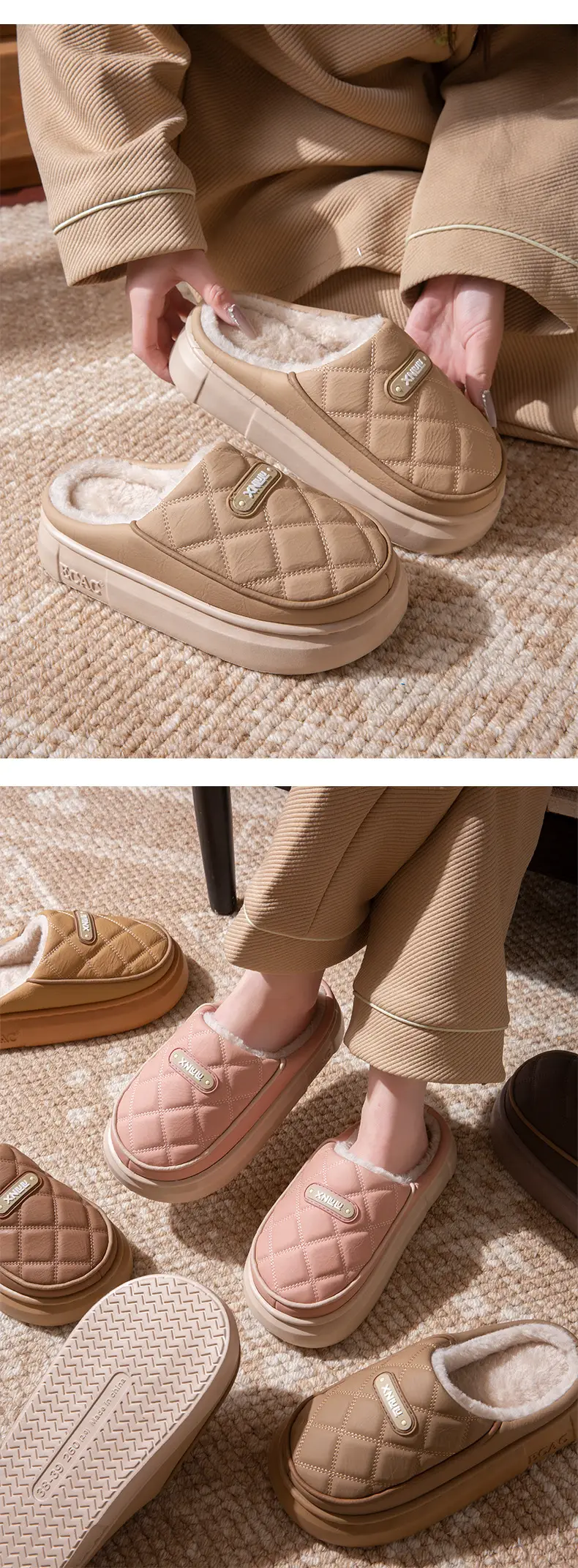 Pu Leather Waterproof Cotton Slippers for Women in Winter with Thick Soles Indoor Couple Slippers for Men Warm and Cold-Proof Cotton Shoes for Outer Wear — feature 10