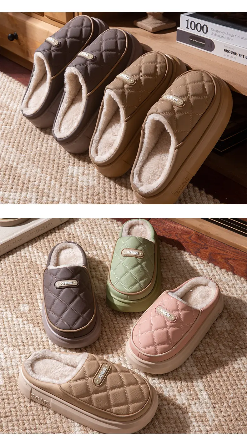 Pu Leather Waterproof Cotton Slippers for Women in Winter with Thick Soles Indoor Couple Slippers for Men Warm and Cold-Proof Cotton Shoes for Outer Wear — feature 8