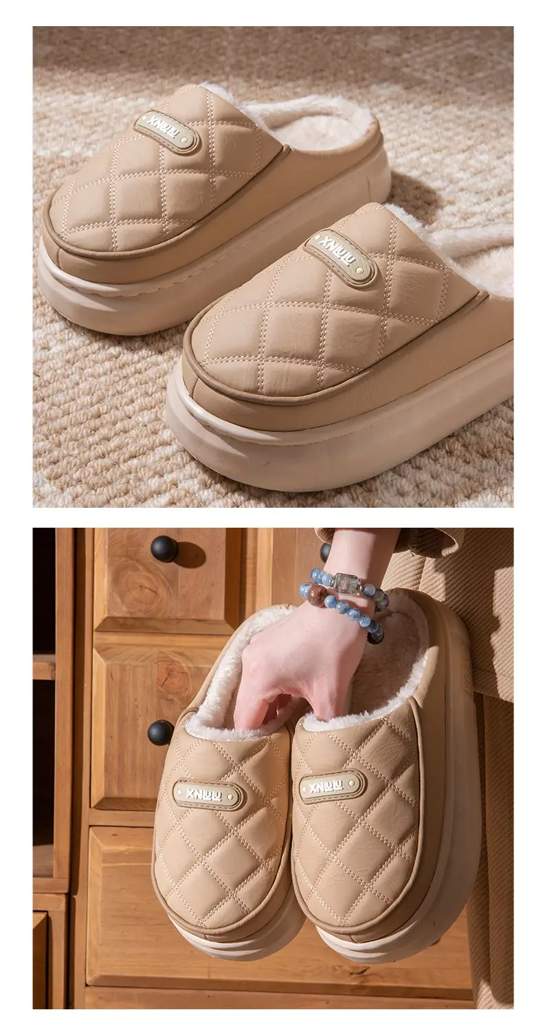 Pu Leather Waterproof Cotton Slippers for Women in Winter with Thick Soles Indoor Couple Slippers for Men Warm and Cold-Proof Cotton Shoes for Outer Wear — feature 9
