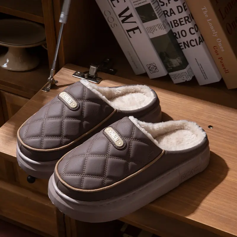 Pu Leather Waterproof Cotton Slippers for Women in Winter with Thick Soles Indoor Couple Slippers for Men Warm and Cold-Proof Cotton Shoes for Outer Wear - Image 2