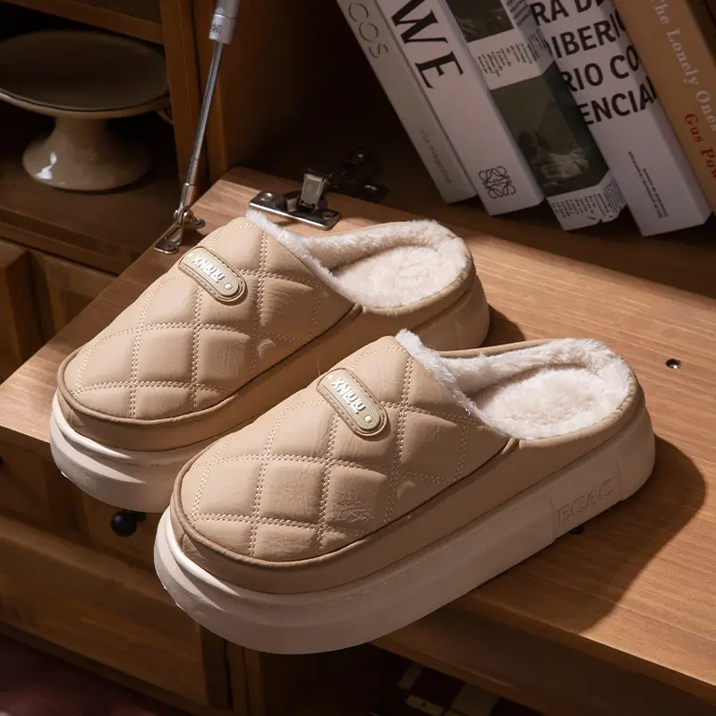 Pu Leather Waterproof Cotton Slippers for Women in Winter with Thick Soles Indoor Couple Slippers for Men Warm and Cold-Proof Cotton Shoes for Outer Wear - Image 3