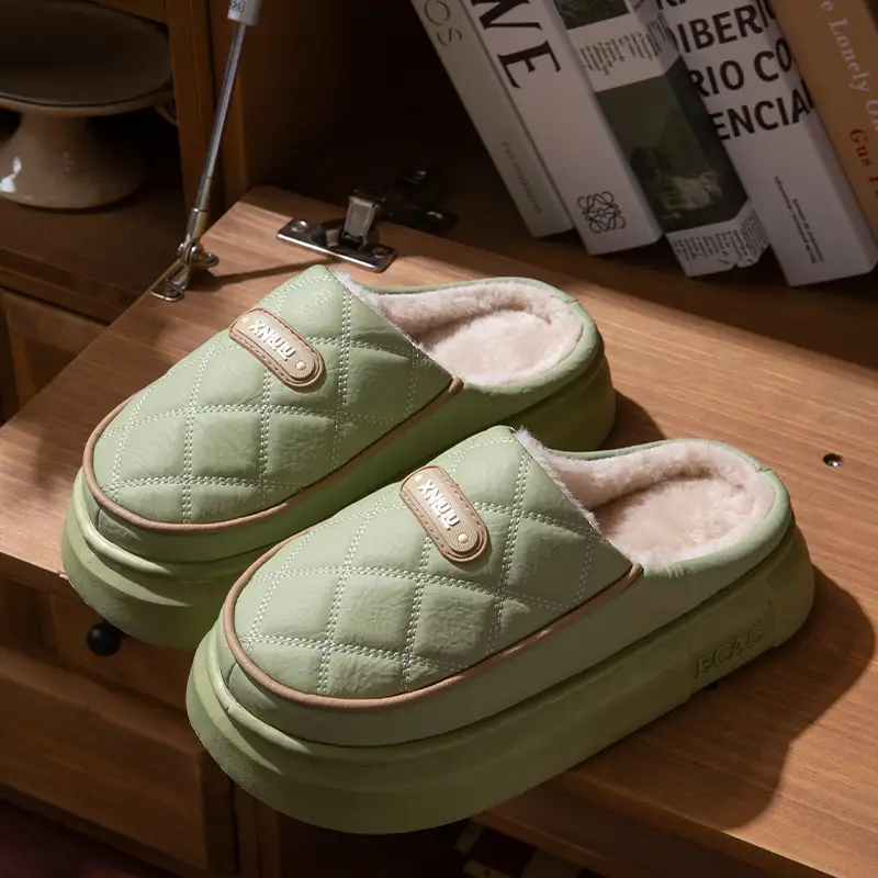 Pu Leather Waterproof Cotton Slippers for Women in Winter with Thick Soles Indoor Couple Slippers for Men Warm and Cold-Proof Cotton Shoes for Outer Wear - Image 4