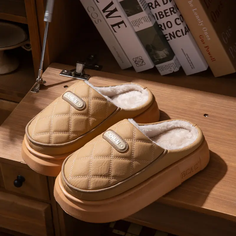 Pu Leather Waterproof Cotton Slippers for Women in Winter with Thick Soles Indoor Couple Slippers for Men Warm and Cold-Proof Cotton Shoes for Outer Wear - Image 5