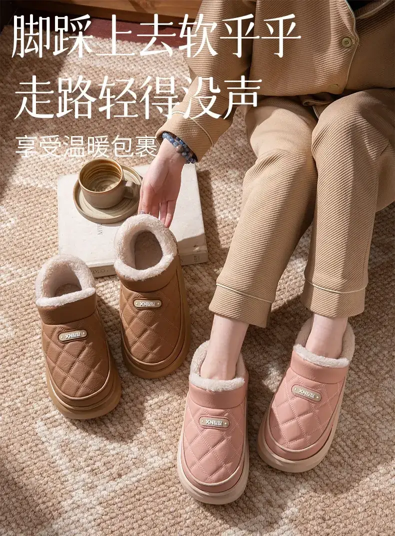 Thickened Warm Cotton Shoes for Women 2025 New Winter Outer Wear Fleece-Lined Waterproof Thick Sole Anti-Slip Bag Heel Cotton Slippers — feature 1