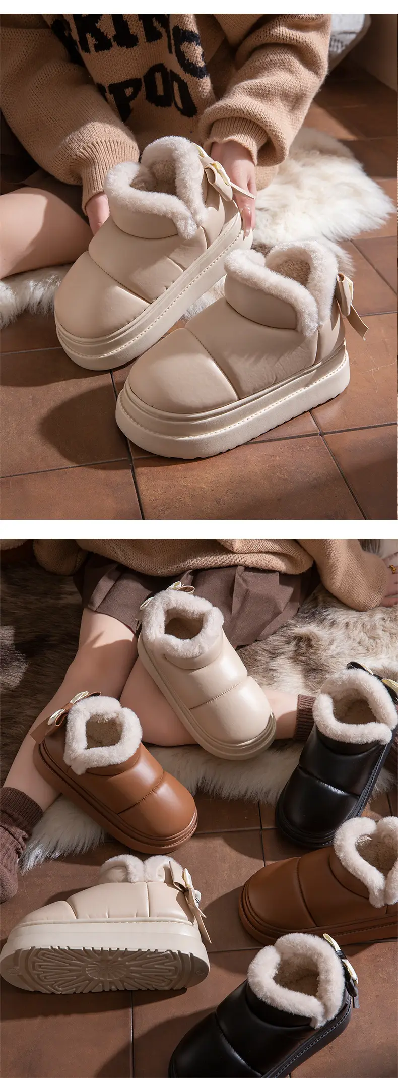 Waterproof Cotton Shoes for Women Winter 2025 New Snow Boots Fleece-Lined Thickeneded Warm Home Pu Bag Heel Cotton Slippers for Outer Wear — feature 10