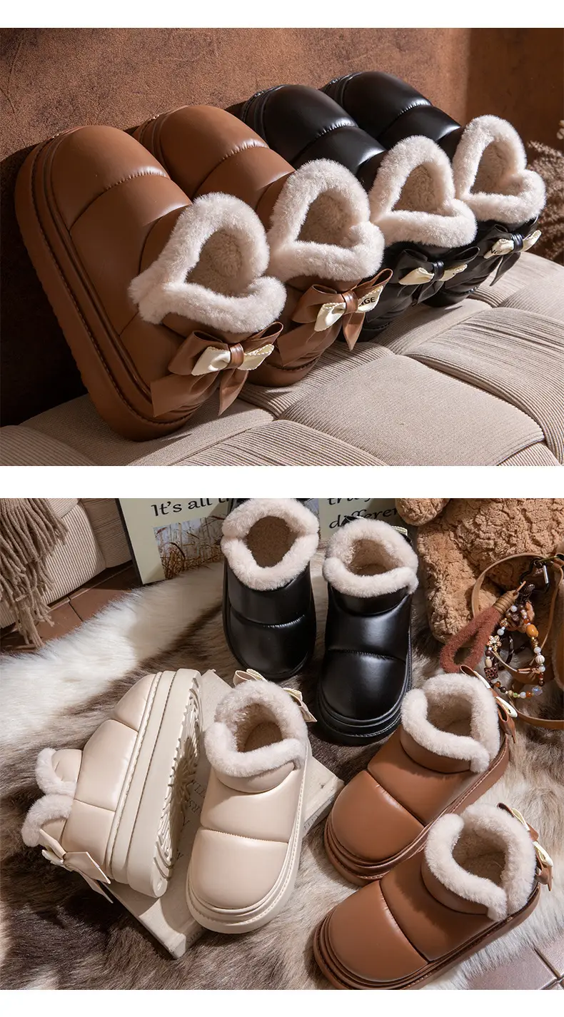 Waterproof Cotton Shoes for Women Winter 2025 New Snow Boots Fleece-Lined Thickeneded Warm Home Pu Bag Heel Cotton Slippers for Outer Wear — feature 8