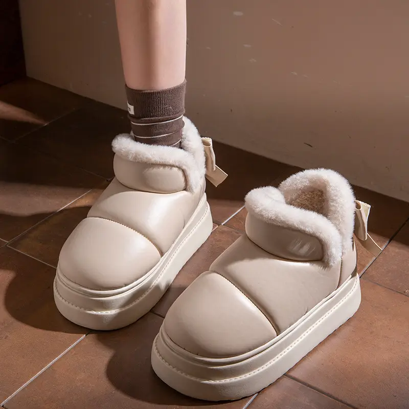 Waterproof Cotton Shoes for Women Winter 2025 New Snow Boots Fleece-Lined Thickeneded Warm Home Pu Bag Heel Cotton Slippers for Outer Wear - Image 2