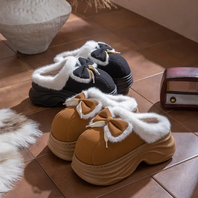 New Warm Non-Slip Bow-Knot Bag Heel Plush Cotton Slippers for Women Winter Simple Couple Home Bag Heel Cotton Shoes - Image 7