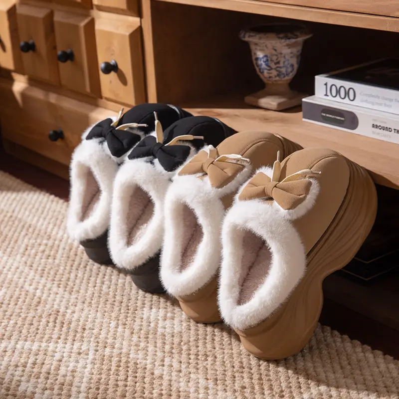 New Warm Non-Slip Bow-Knot Bag Heel Plush Cotton Slippers for Women Winter Simple Couple Home Bag Heel Cotton Shoes - Image 8